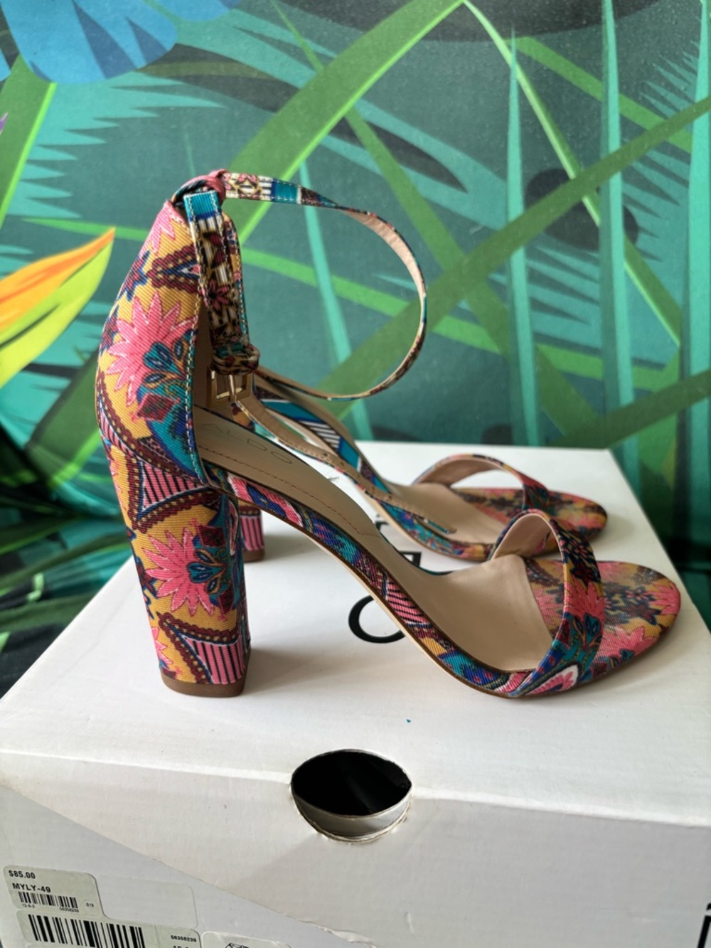 Aldo Pink Blue Yellow Floral Ankle-Strap Block Heels